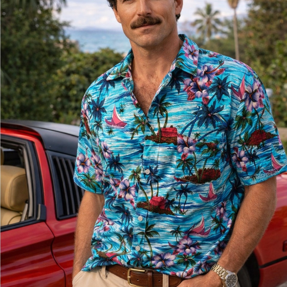 Vintage 80s California Rainbow Blue Hawaiian Shirt Vacation Party